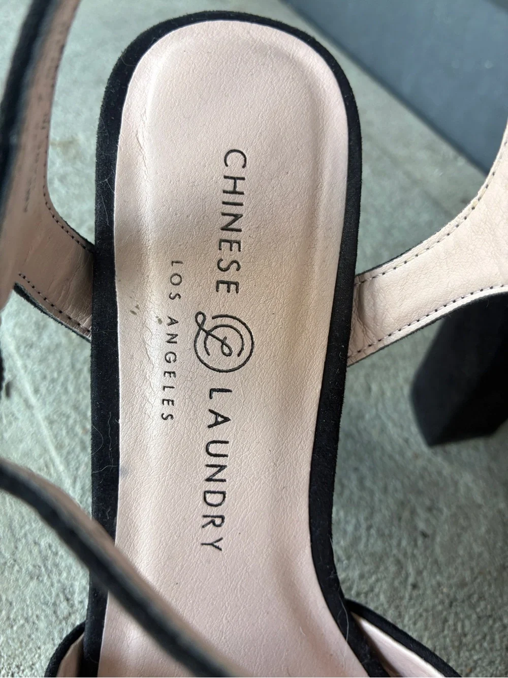 Chinese Laundry Always sandals, black suede platform 4” block heels